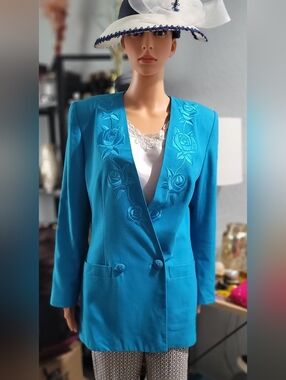 Gloria Vanderbilt Teal Embroidered Rose Blazer